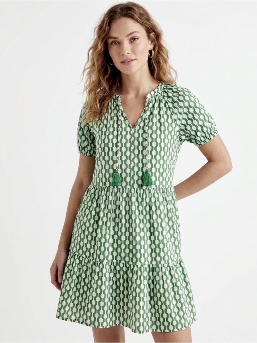 Boden Green and White Geometric Tiered Mini Dress Cotton Tencel